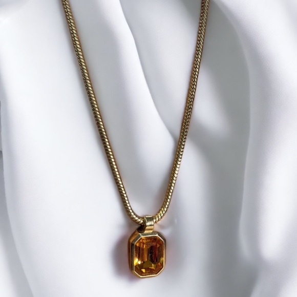 Vintage 80s DIOR Gold Plated Necklace with Orange Crystal Pendant - Picture 1 of 7